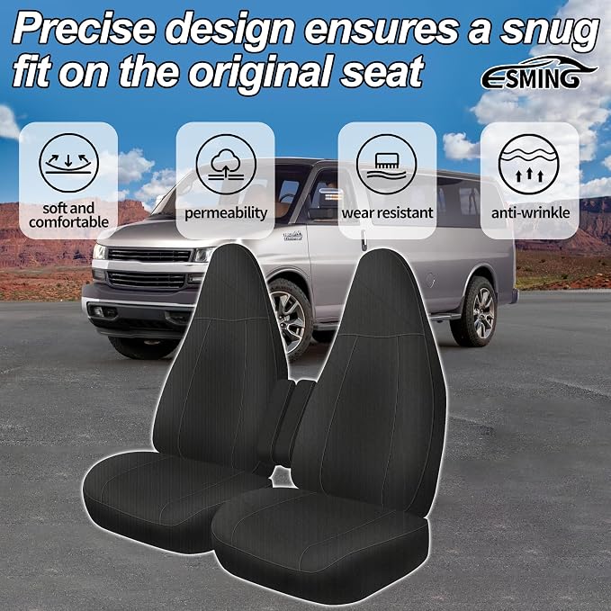 ESMING Front Heavy-Duty Oxford Fabric Seat Covers for Chevy Express 1996-2025 Front Bucket Seats Waterproof and Wear-Resistant, Easy to Install - Black