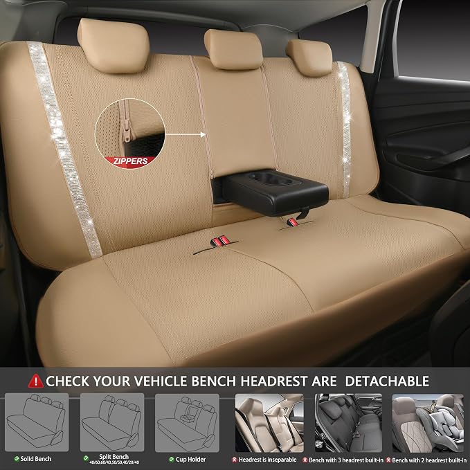 CAR PASS Bling Rhinestones Diamond Car Floor Mat Car Seat Covers Full Set, Crystal Sparkly Shining Glitter Carpet, Waterproof Anti-Slip PVC Heel Pad Universal Fit Interior Girl Women Beige