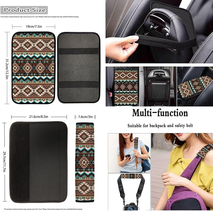 Dreaweet South Western Aztec Car Seat Covers Full Set with Steering Wheel Cover Armrest Covers Seat Belt Pads Cup Holders Gear Shift Cover Handbrake Cover,12 Pcs,Universal Car Accessories Decor