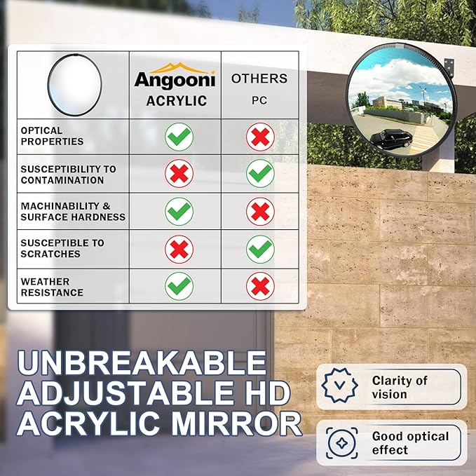 Angooni 15" HD Convex Traffic Mirror - Freely Adjustable Blind Spot Mirror, Heavy Acrylic Mirrors - Security Mirrors for Driveway, Garage Parking, Office