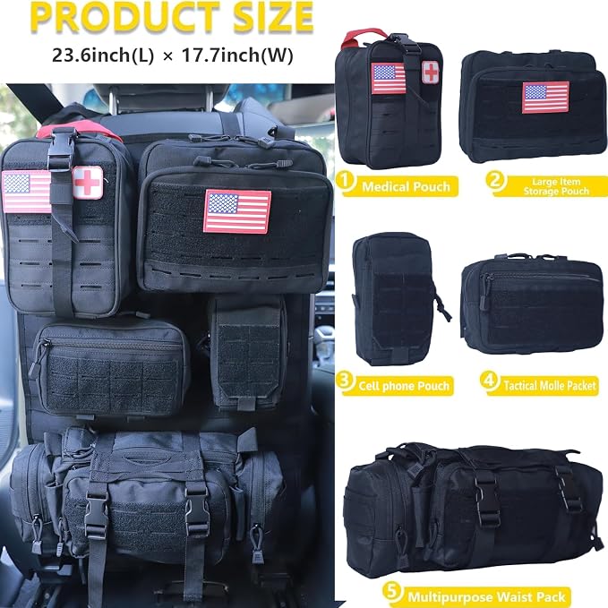 Universal Tactical Car Seat Back Organizer Bag Tactical Molle Vehicle Organizers Panel Vehicle Protector Organizers with 5 Detachable Pouches for Car (Upgraded D Black)