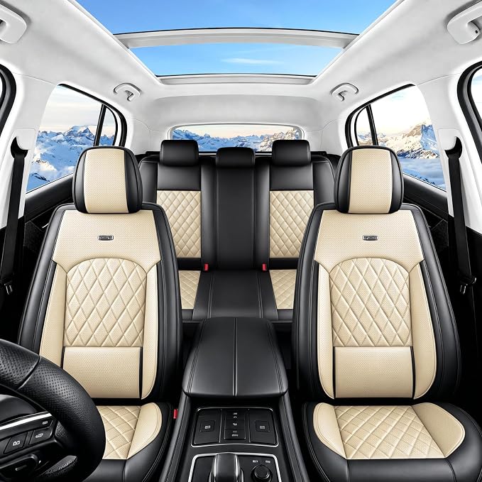 Fit Edge Car Seat Covers for Ford Edge 2007-2025 2026 - Luxury Leather, Anti-Slip, All-Weather Seat Cushions, Waterproof & Breathable, Airbag Compatible, Full 5-Seat Set (Beige)