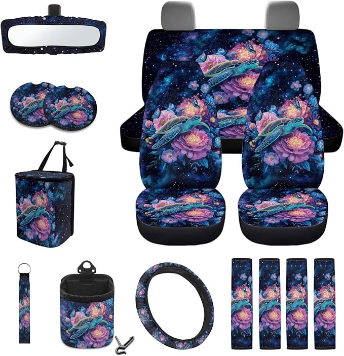 Turtle Peony Flower Star Butterfly Print Full Set with Front Back Seats Covers Steering Wheel Cover Rearview Mirror Cover Keychain Trash Can Auto Seat Belt Pads, Coaster for Women Men