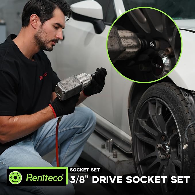 Reniteco 56-Piece 3/8" Drive Socket Set, SAE (5/16"-3/4") & Metric (8mm-22mm), Deep & Shallow, Ratchet Handle, Extension Bars, Adapter, Universal Joint, Power Drill Adapters, Spark Plug Sockets, CR-V