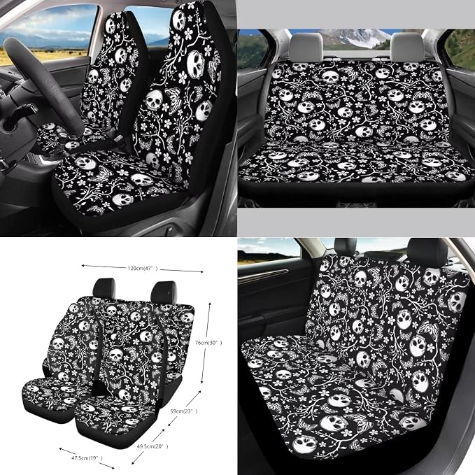 Wanyint Skull Butterfly Floral 15 PCS Car Seat Covers Set for Men Women, Seat Protector with Steering Wheel Cover Seat Belt Pads Trash Bin Sunglass Pocket Rear View Mirror Protector Coasters Key Chain
