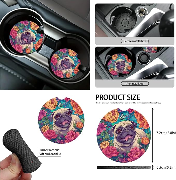 Pug Floral Print Car Accessories Full Set of 15 Car Seat Covers Steering Wheel Cover Air Vent Storage Holder Seatbelt Strap Pad Cup Coasters Rear View Mirror Cover Keychain