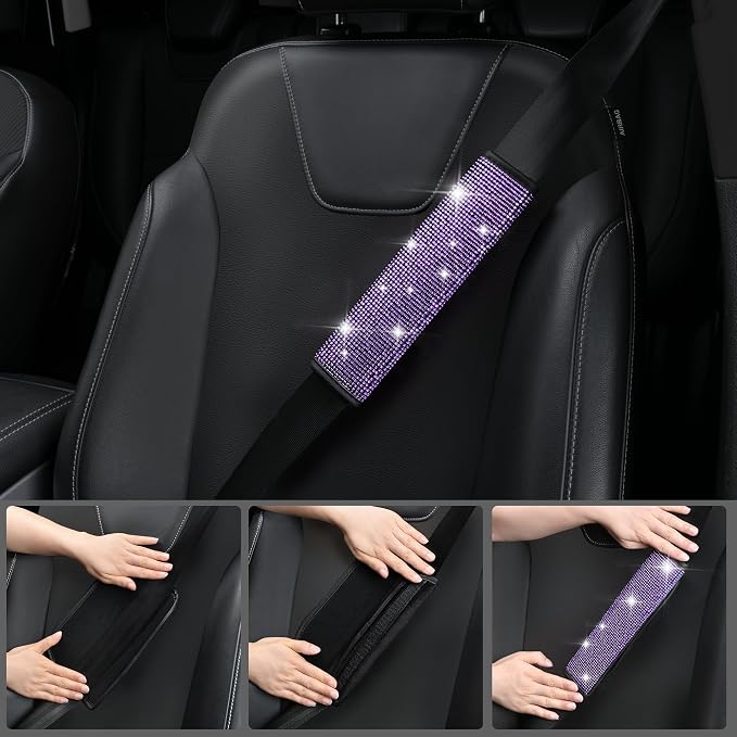 CAR PASS Diamond Bling Leather Seat Covers Set Car Floor Mats Glitter Rhinestone Steering Wheel and Car Interior Accessory Set for Women Purple Violet