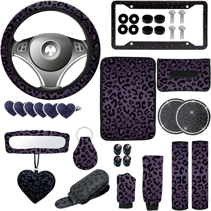 24 Pcs Leopard Print Car Accessories,Including License Plate Frame,Rearview Mirror Decoration,Etc,Suitable for Sedan,SUV and Other,Cute Car Interior Set for Women (Black)