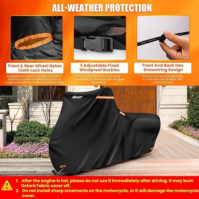 Motorcycle Cover Waterproof Outdoor,420D Large Motorcycle Cover with Side Box,fits Touring Models (108" x 44" x 56" Black & Orange)