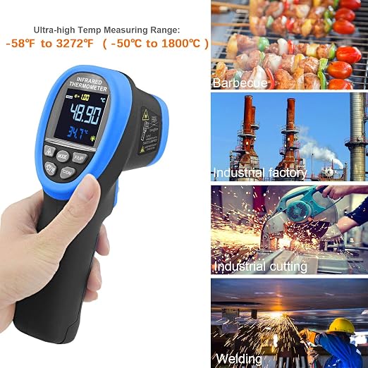 -58~3272°F High Temp Thermometer Pyrometer,Industrial Laser Thermometer Gun 50:1 with Flashlight,LCD Color Screen/Max/Min/AVG,High Heat Thermometer for Engine, Kiln, Forging