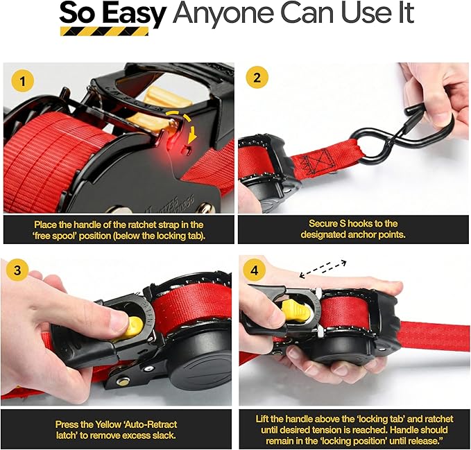 AUGO Retractable Ratchet Straps | 2 Heavy Duty Ratchet Straps Self Retractable Tie Downs with Soft Loops & Storage Bag for Motorcycle, Truck, Trailer, Cargo Van | 3000 Lb Break Strength 2” x 10’