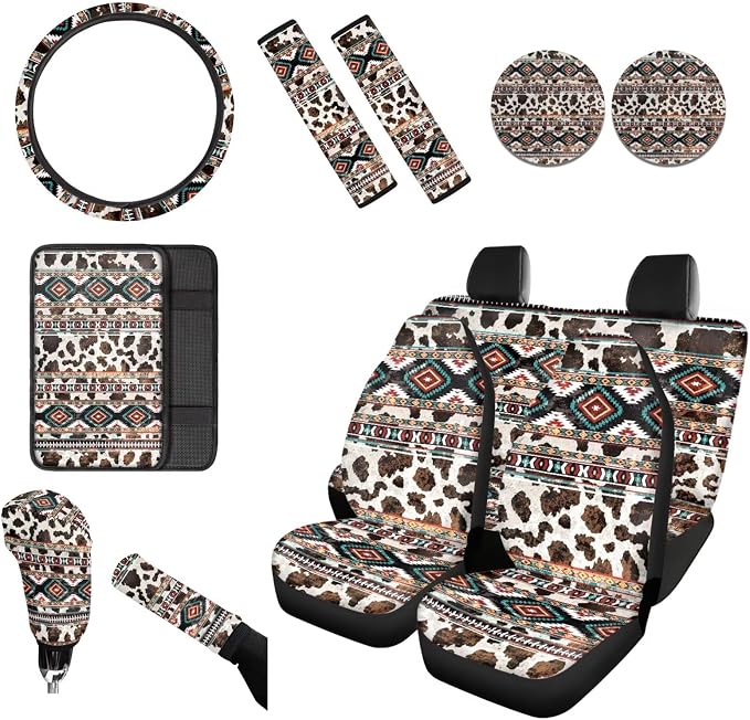 Wanyint Car Seat Covers Set 12 Pieces for Women, Soft Auto Seat Protector Steering Wheel Seat Belt Armrest Pad Handbrake Gear Shift Cover Coasters Car Interior Decor, Aztec Navajo Cow Print