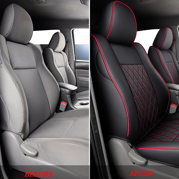 Coverado Tacoma Seat Covers Full Set, Leather Seat Covers for Car, Car Seat Protector Cushion Tacoma Accessories Compatible with 2005-2023 Toyota Tacoma Double/Crew Cab(Red)