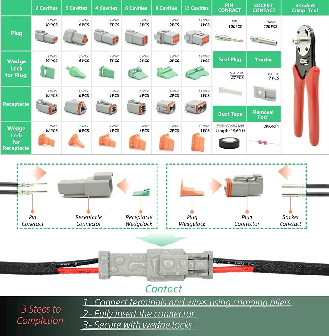 345 pcs DT Deutsch Connector Kit, 2 3 4 6 8 12 Pin Waterproof Connectors, Crimping Tool(12-20AWG), Connector Removal Tool, 100Pairs 16# Solid Terminal Contacts for Cars Motorcycle Boat