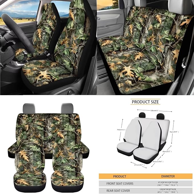Dreaweet Camo Hunting Seat Covers for Cars Full Set Universial Steering Wheel Cover Seat Belt Pads Trash Bag Vent Storage Pouch Rear View Mirror Cover Car Coasters Keychain 15 Pcs Set