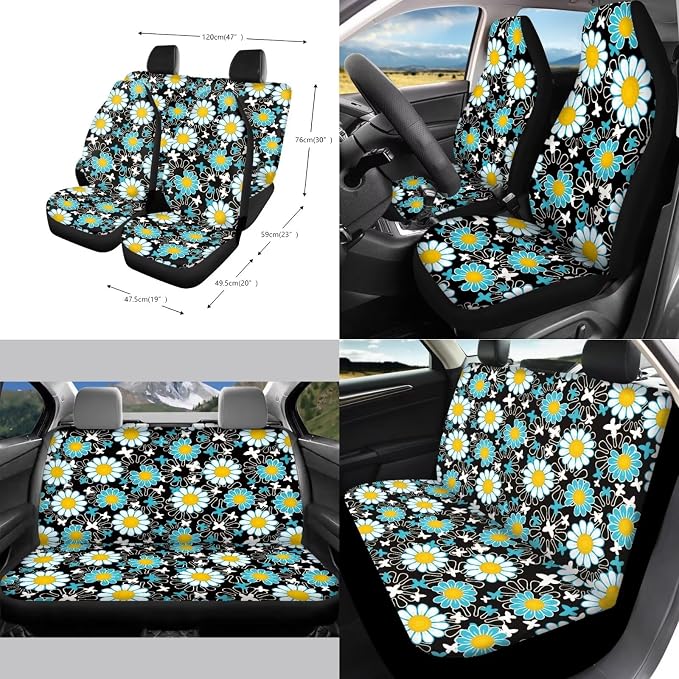Vibrant Daisy Floral Print 13 Pieces Car Accessories Universal Fit Car Seat Covers Full Set,Seatbelt Pads,Coasters,Keychain,Lipstick Sleeve for Women's Vehicle Protector
