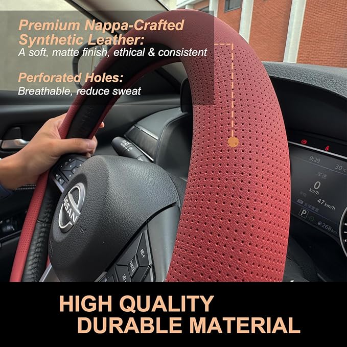 PINCTROT D Shaped Nappa Leather Steering Wheel Cover, Slim Fit No Bulk Design, One Piece Leather with Breathable Perforation, Fit Like Gloves, Flat Bottom 14.5-15 Inch(Nappa Rust Red)
