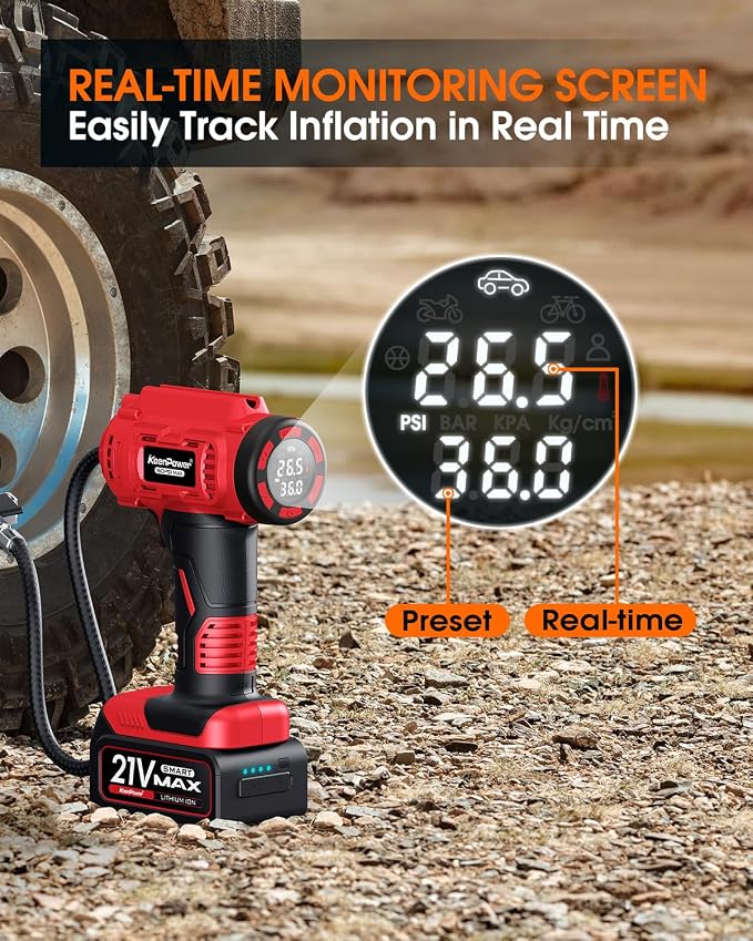 KeenPower Cordless Tire Inflator Portable Air Compressor, 160PSI Car Tire Air Pump, 21V Rechargeable Battery Powered Air Compressor, Dual Power, Larger HD Digital Gauge w/4+N Smart Modes (Red)
