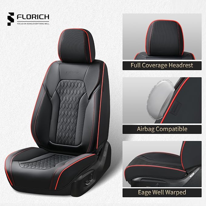 FLORICH Seat Covers, Car Seat Covers Full Set, Luxury Nappa Leather Seat Covers, Breathable and Waterproof Car Seat Protector 5 Seat, Automotive Seat Covers Universal Fit for Most Cars-BlackRedline