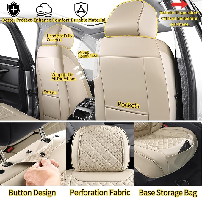 Car Seat Covers Full Set, Beige Leather Seat Covers, Breathable Front and Back Car Seat Protectors, Wear-Resistant Seat Covers Universal Fit for Most Cars SUV Truck (Beige-Diamonds,Full Set)