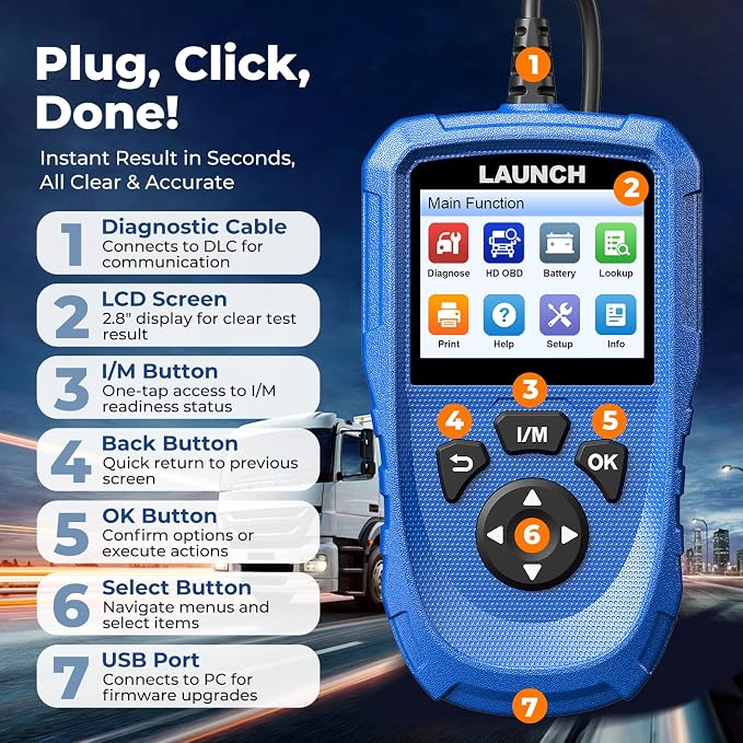 LAUNCH CR HD V2 Heavy Duty Truck Diagnostic Tool, HD OBD Scanner, Diesel Code Reader, OBD2 & Heavy Duty Diagnostic, DTC Lookup, Battery Voltage Check, Freelifetime Upgrade for DIYers