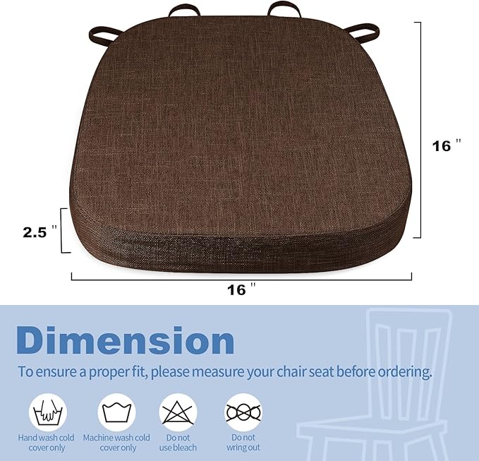 BUYUE Thickened 2.5" Dining Chair Cushions Set of 4, U-Shape High Density Foam Comfortable Chair Pads for Kitchen, Slip Resistant Indoor Seat Cushions (4 PCS, Chocolate)