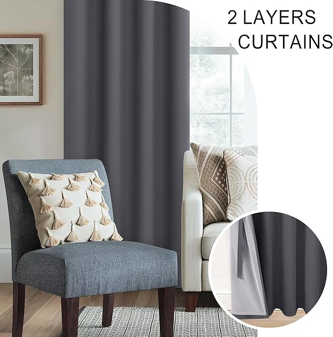 XWZO 100% Blackout Curtain Panels - Thermal Insulated Black Liner Curtains, Noise Reducing and Heat Blocking Drapes for Hall and Studio Windows with Tiebacks, Dark Grey, W38 x L54, Set of 2
