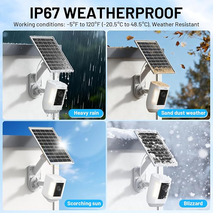 Solar Panel and 2-in-1 Wall Mount for Ring Cam, 6W Solar Charger Compatible with R-ing Spotlight Pro/Plus & Stick Up Cam Battery Models, Weatherproof Cable with USB-C and Ring Barrel Plug