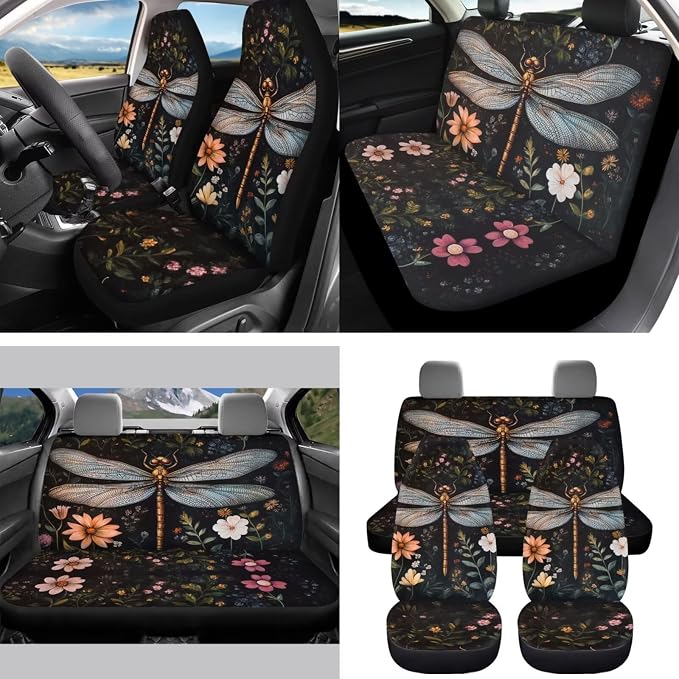 Goth Dragonfly Seat Covers for Cars Full Set - Seat Covers Front and Back with Steering Wheel Cover Seatbelt Pad Coasters Trash Bag Air Rearview Mirror Cover Keychain
