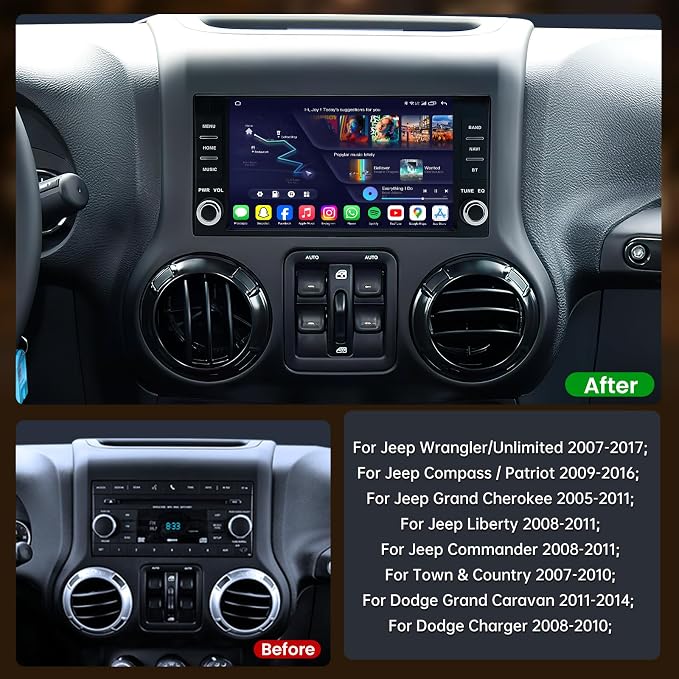 [4G+64G] Car Radio for Jeep JK Wrangler 2007-2017: 7" HD Touch Screen Stereo with Wireless CarPlay Android Auto 5G WiFi Bluetooth GPS FM 32EQ SWC, Free Backup Camera