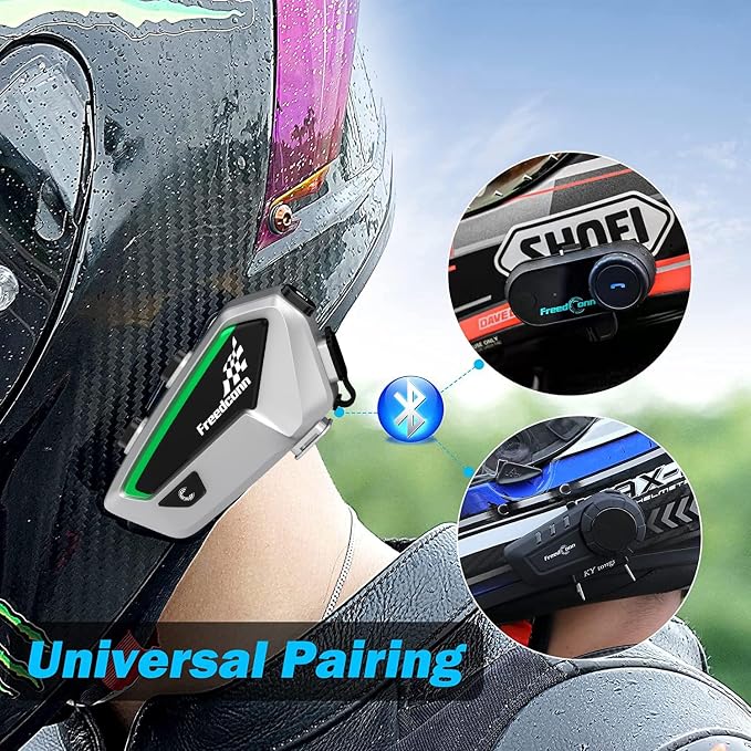 FreedConn FX Motorcycle Bluetooth Headset with Music Sharing, 2pcs FX 10 Riders 1500m Group Helmet Bluetooth Intercom with Noise Cancellation/FM Radio, /Universal Pairing/Silver Ultra-Thin Body