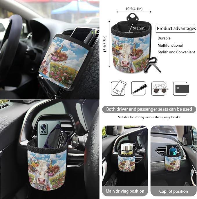 Cow Floral Print 15 PCS Car Front Back Seat Cover Full Set, Seat Belt Strap Pad Steering Wheel Covers Air Vent Storage Bag Cup Holder Rear View Mirror Cover Key Chain Auto Decor