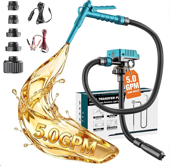 DIYtoolifz 5 GPM Cordless Fuel Transfer Pump Compatible with Makita 18V Batteries, Portable Gas Can Pump with 51" Hose, 5 Adapters, Gas Pump for Diesel, Gasoline (Bare Tool)