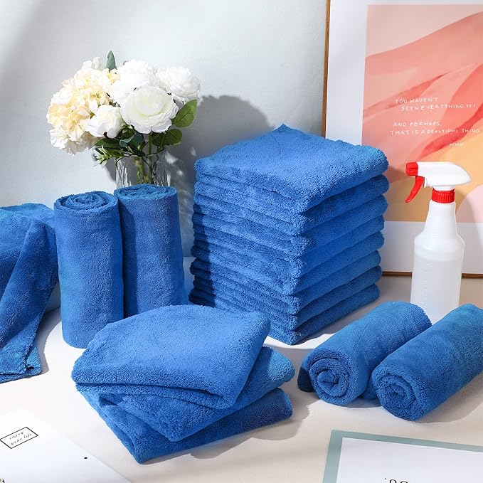 Shimeyao 40 Pcs 16 x 16 Inch Edgeless Microfiber Plush Towels for Cars Detailing Drying Wash Polishing Absorbent Cleaning Cloths, 500 GSM (Dark Blue)