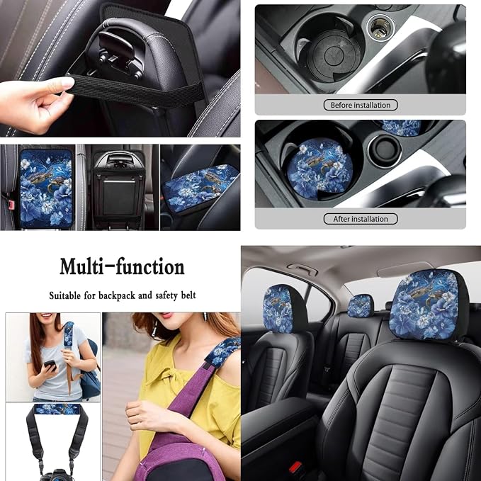 Sea Turtle Car Seat Covers Full Set Hibiscus Printed Car Interior Accessories Set Included Steering Wheel Cover Seat Belt Pad Armrest Protector Coaster for Auto, Blue