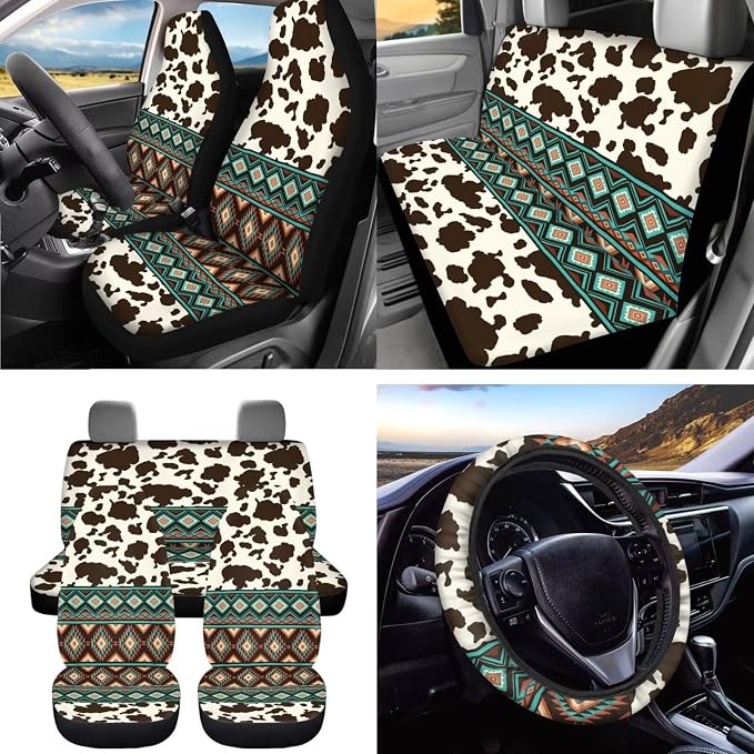 Dreaweet Aztec Brown Cow Print Seat Covers for Cars Full Set - Seat Covers Front and Back with Steering Wheel Cover Seatbelt Pad Coasters Trash Bag Air Vent Storage Bag Rearview Mirror Cover Keychain