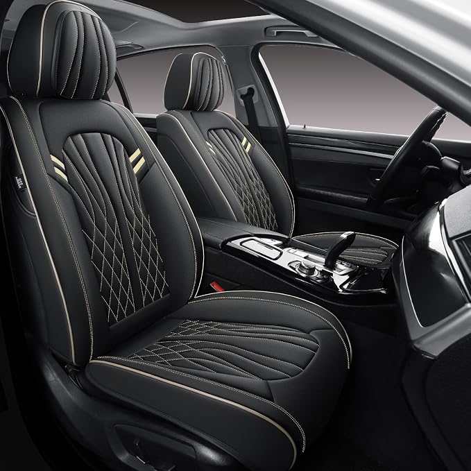 MINGBRON Seat Covers for Cars, Waterproof Seat Covers, Leather Car Seat Covers 2 Pack, Universal Seat Cushion Protector for Most Cars Black&Beige Line