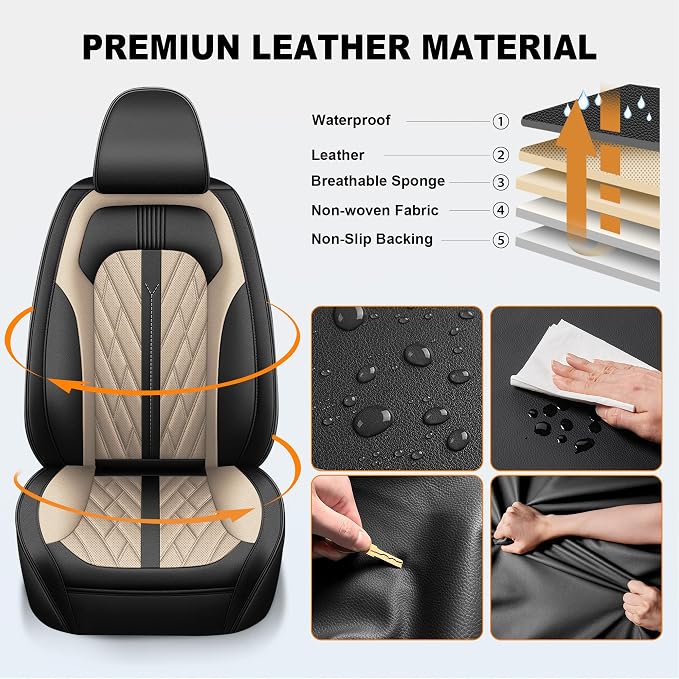 TTX LIGHTING Seat Covers for Ford F150 2009-2025 2026 and F250 F350 F450 2017-2025 2026: 2 Front Seat Pick-up Trucks Seat Covers Waterproof Leather Seat Protector (Black&Beige)