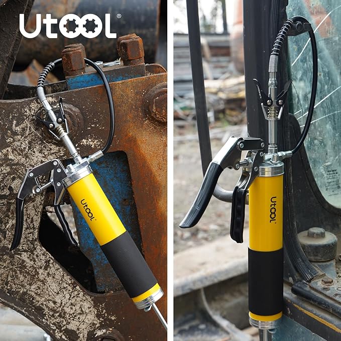 UTOOL Grease Gun, 8000 PSI Heavy Duty Pistol Grip Grease Gun Kit with 14 oz Capacity, 18 Inch Resin Flex Hose, 1 Patented Double Handle Coupler, 1 Basic Coupler