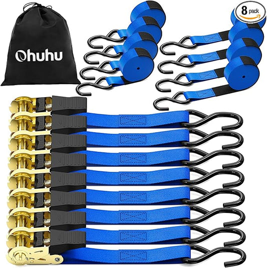 Ratchet Tie Down Strap 8-Pack 15 Ft - 500 lbs Load Cap with 1500 lbs Breaking Limit, Ohuhu Ratchet Tie Downs Logistic Cargo Straps for Moving Appliances Motorcycle Blue