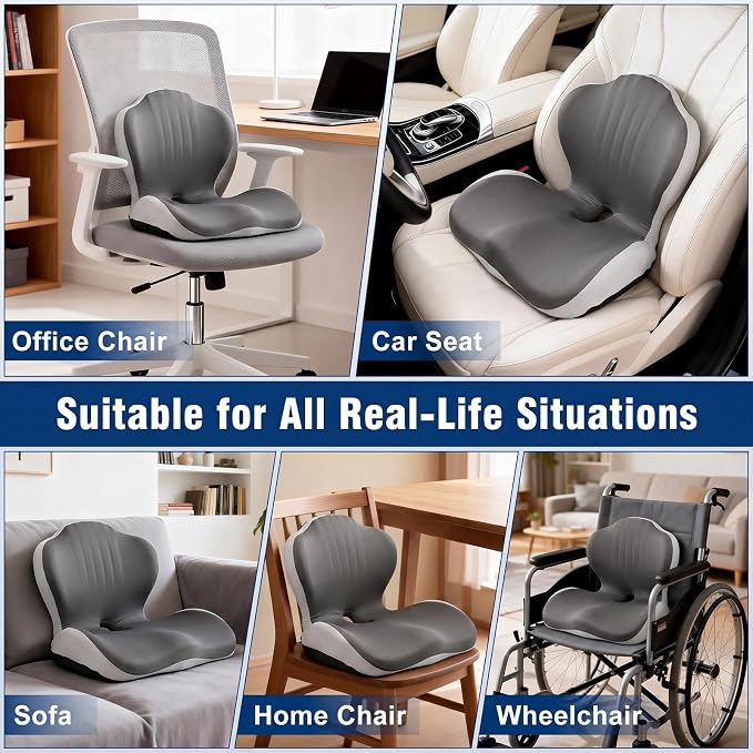 Car Seat Cushion with Lumbar Support Pillow, Memory Foam Office Chair Cushion for Back Pain Sciatica Pain Relief, Ergonomic L-Shaped Seat Cushion for Car Truck Driving Office Chair Home (Back Gray)