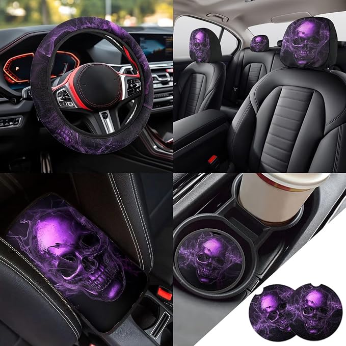13pcs Purple Skull Car Accessories Full Set for Women Men Car Rear Front Seat Protectors with Armrest Cover, Seat Belt Cover, Steering Wheel Cover, Keychain and Coaster Fit Cars SUV Turcks