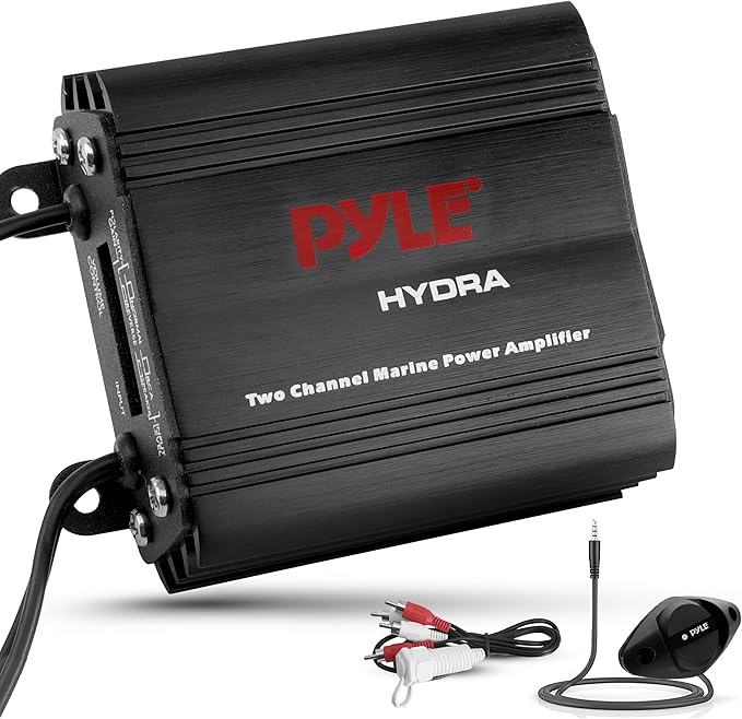 Pyle 2-Channel Marine Amplifier Receiver - Waterproof and Weatherproof Audio Subwoofer for Boat Stereo Speaker & Other Watercraft - 400 Watt Power, Wired RCA, AUX and MP3 Audio Input Cable