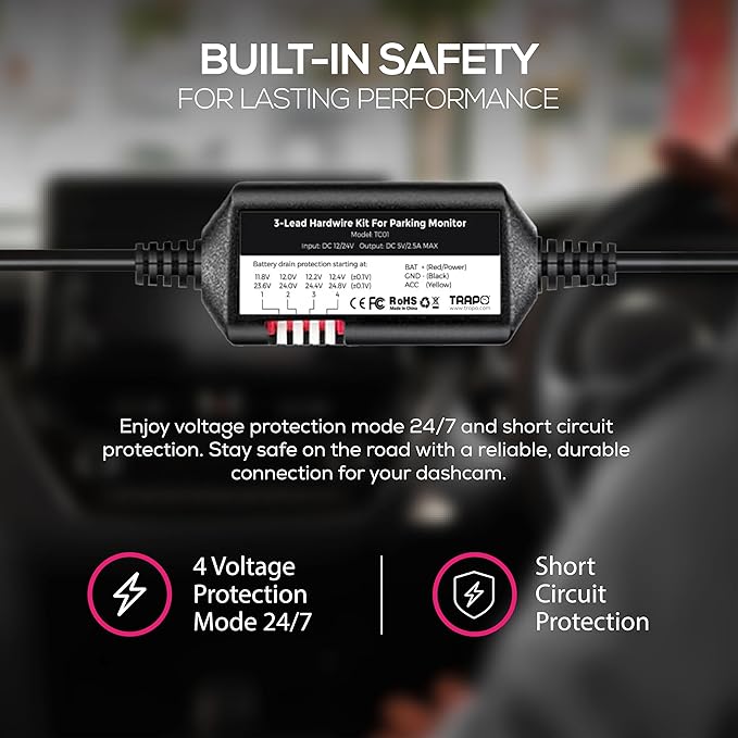 Dash Cam Hardwire Kit Type-C - 24-Hour Parking Car Accessories, Easy Install with Voltage Protection, No Splicing Required