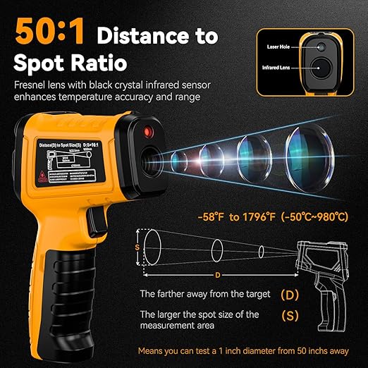 Infrared Thermometer Gun, Dual Mode, 50:1 D/S | -58°F-1796°F Surface Reading,-4°F to 932°F K-Type Probe, 13-Point Laser Accuracy, Humidity Monitoring, For HVAC & Pizza Ovens