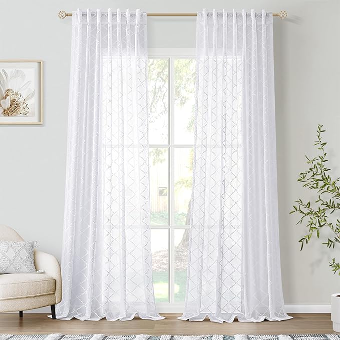 Hokibero Pure White Semi Sheer Curtains 96 Inches Long for Floor Length Living Room Bedroom,Back Tab Rod Pocket Light Filtering Drapes Geometric Embroidered Pattern Dining Room,52 x 96,2 Panels