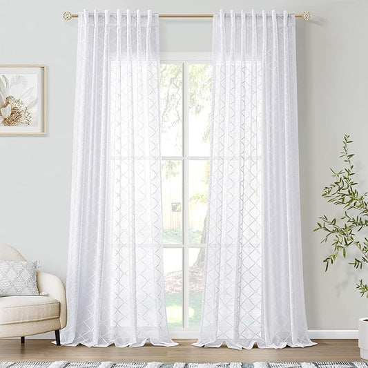 Hokibero Pure White Semi Sheer Curtains 96 Inches Long for Floor Length Living Room Bedroom,Back Tab Rod Pocket Light Filtering Drapes Geometric Embroidered Pattern Dining Room,52 x 96,2 Panels