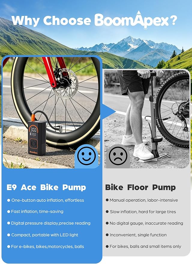 Tire Inflator Portable Air Compressor - Bike Pump with 2.88" Color Display, Real-Time Inflation Progress Bar, Air Pump with 0-150PSI Pressure Gauge, Memory Function & LED Light, Black Bike Accessories