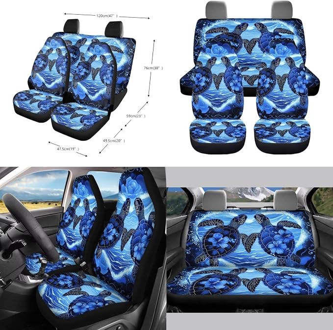 Turtle Hibiscus Print 10 Pack Car Accessories, Car Seat Covers Full Set Steering Wheel Cover Air Vent Storage Bag Auto Rubbish Can Keychain Cup Coasters Universal Fit for SUV Truck Van