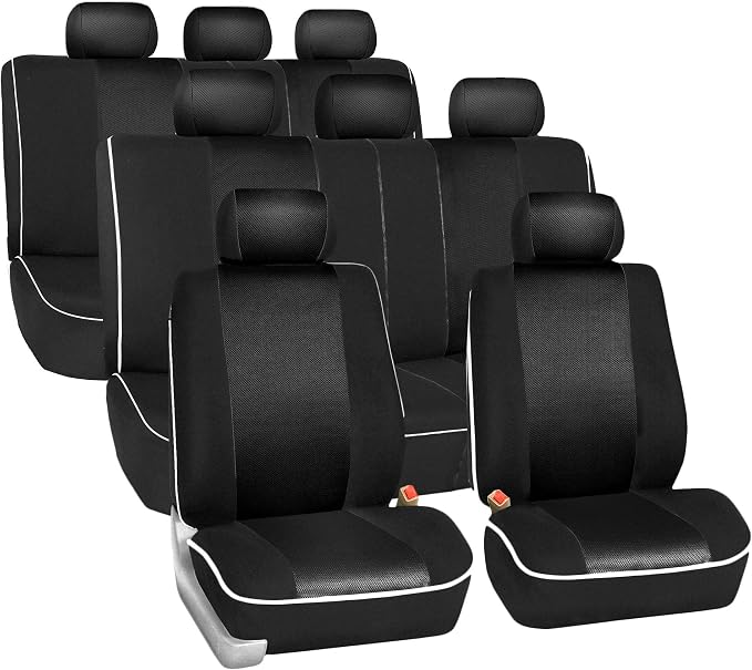FH Group Car Seat Covers Three Row 8 Seater Cloth Car Seat Covers with Piping (Airbag and Split Ready) - Universal Fit for Cars Trucks & SUVs Solid Black